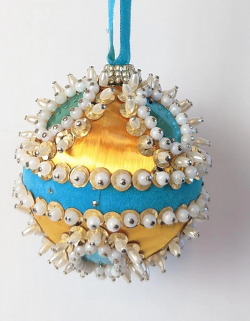 Turquoise and Gold Beaded Pushpin Christmas Ornament