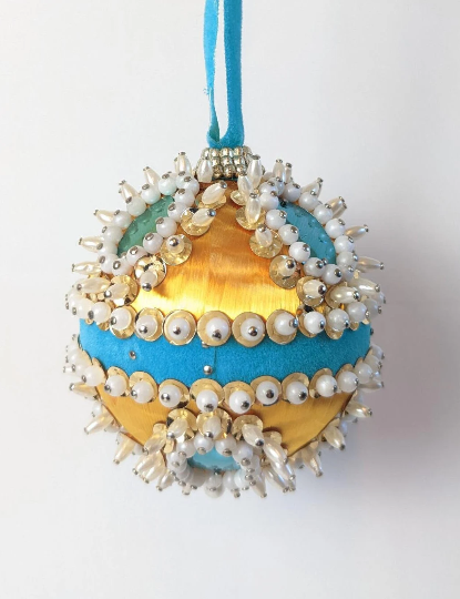 Turquoise and Gold Beaded Pushpin Christmas Ornament