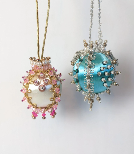 Turquoise and Pink Beaded Pushpin Christmas Ornaments