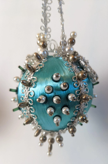 Turquoise and Pink Beaded Pushpin Christmas Ornaments