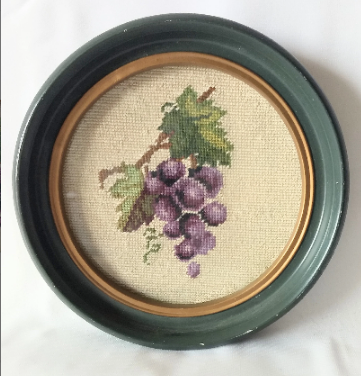 Vintage Needlepoint Grapes Framed Green Frame Art