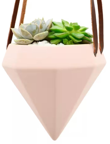 Diamond Shaped Ceramic Hanging Planter - Coral Pink- by Arcadia Gardening Products 4.5" tall