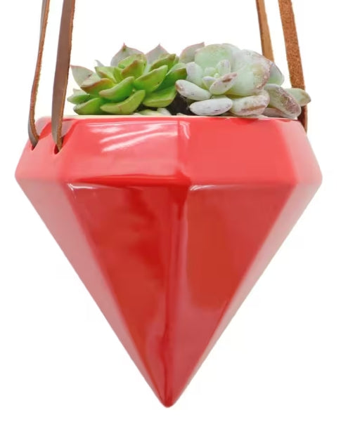 Diamond Shaped Ceramic Hanging Planter - Red- by Arcadia Gardening Products 4.5" tall