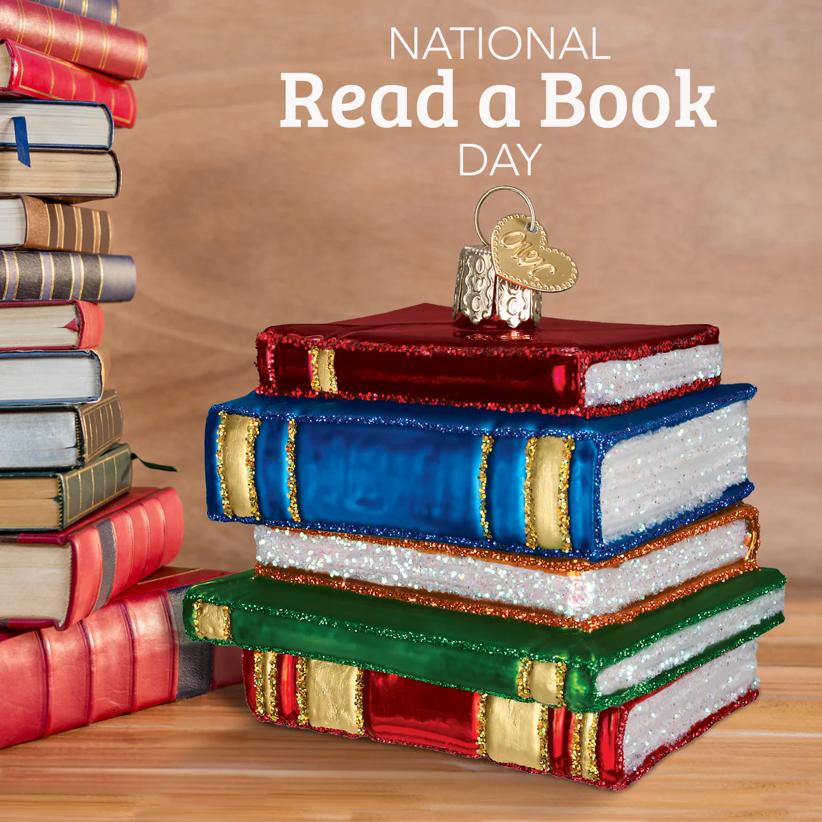 Stack of Library Books Glass Blown Glass Tree Ornament by Old World Christmas