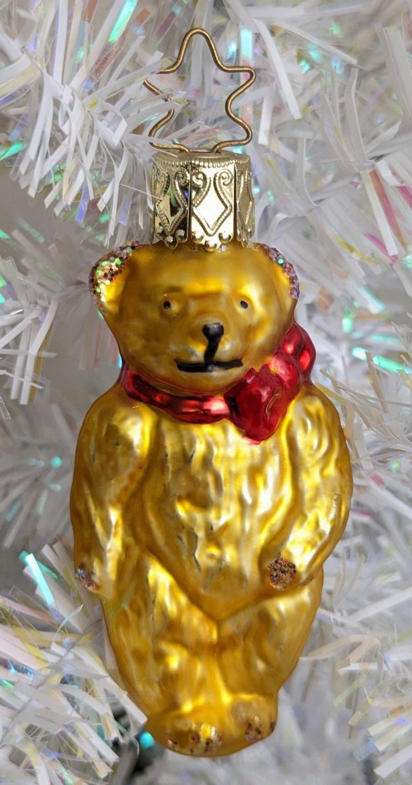 Golden Teddy Bear Blown Glass Ornament by Inge Glas from West German