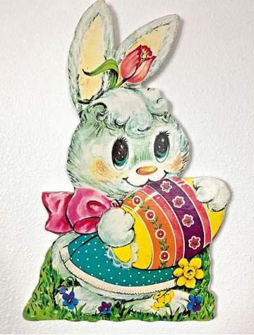 Vintage 1960s Wooden Die Cut Easter Rabbit with Egg Wall Hanging
