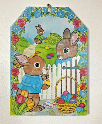 Vintage 1980s Wooden Die Cut Easter Rabbit Wall Hanging for Child Friendly Easter Decorating