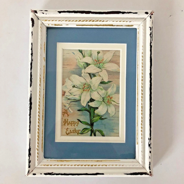Vintage Framed 1907 Easter Card with Blue Matting in Distressed White Frame