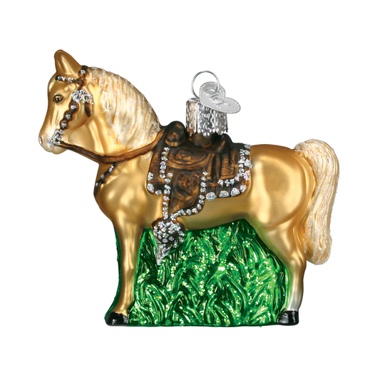 Western Horse Blown Glass Tree Ornament by Old World Christmas - Palomino Pony Saddle