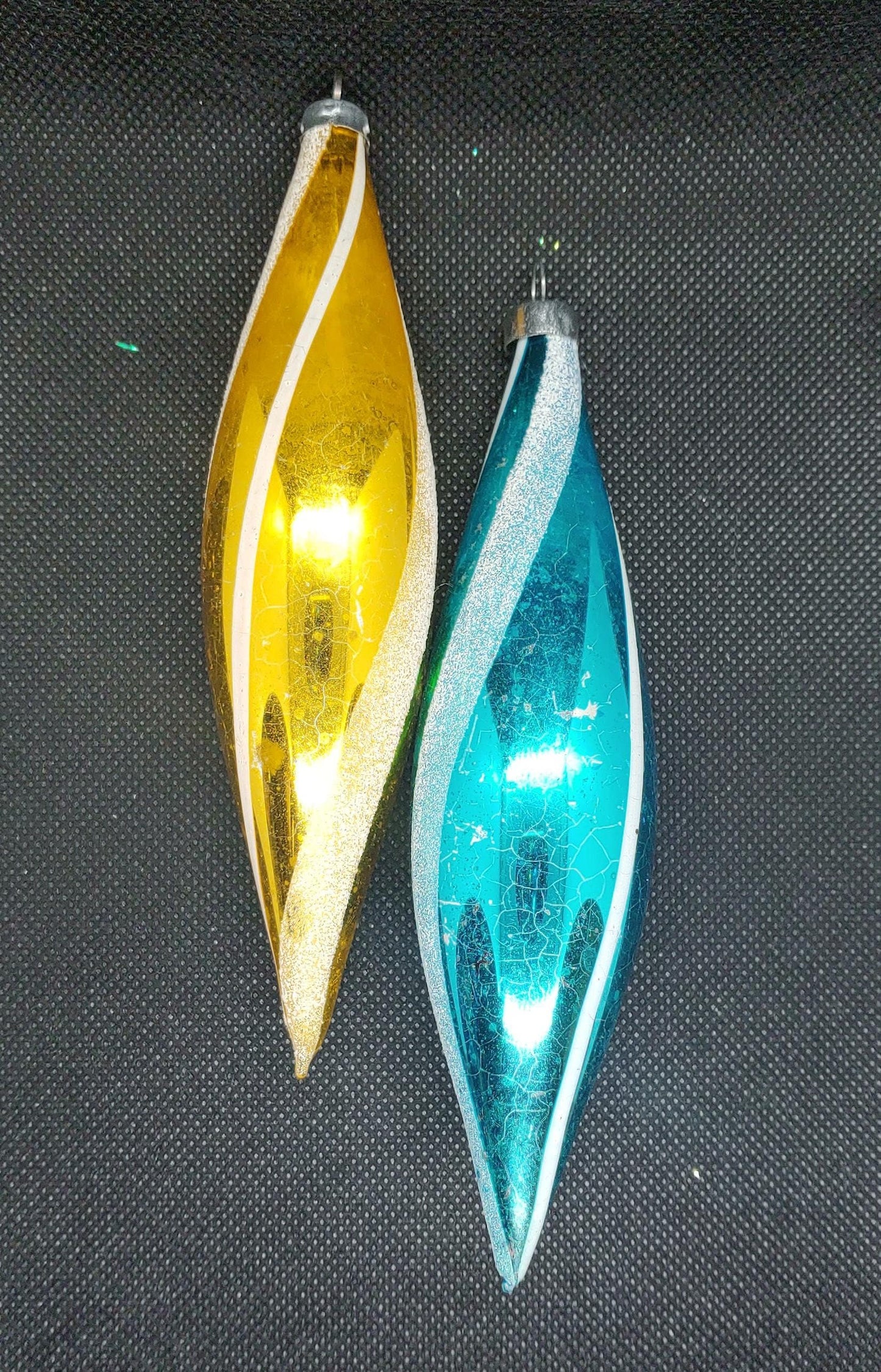 Vintage Teardrop Blue and Gold Glass Christmas Ornaments