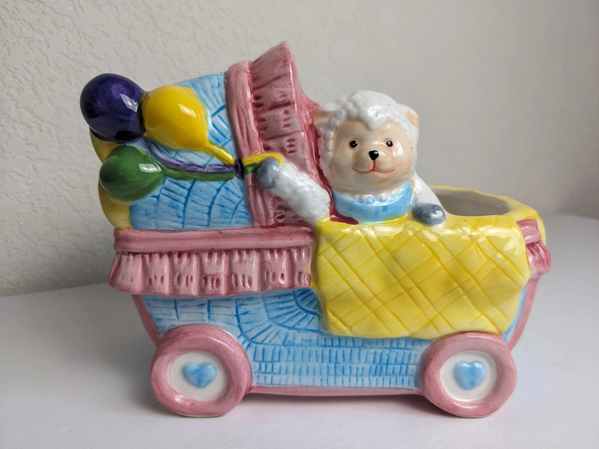 Vintage Baby Lamb in Stroller Bassinet Planter Vase