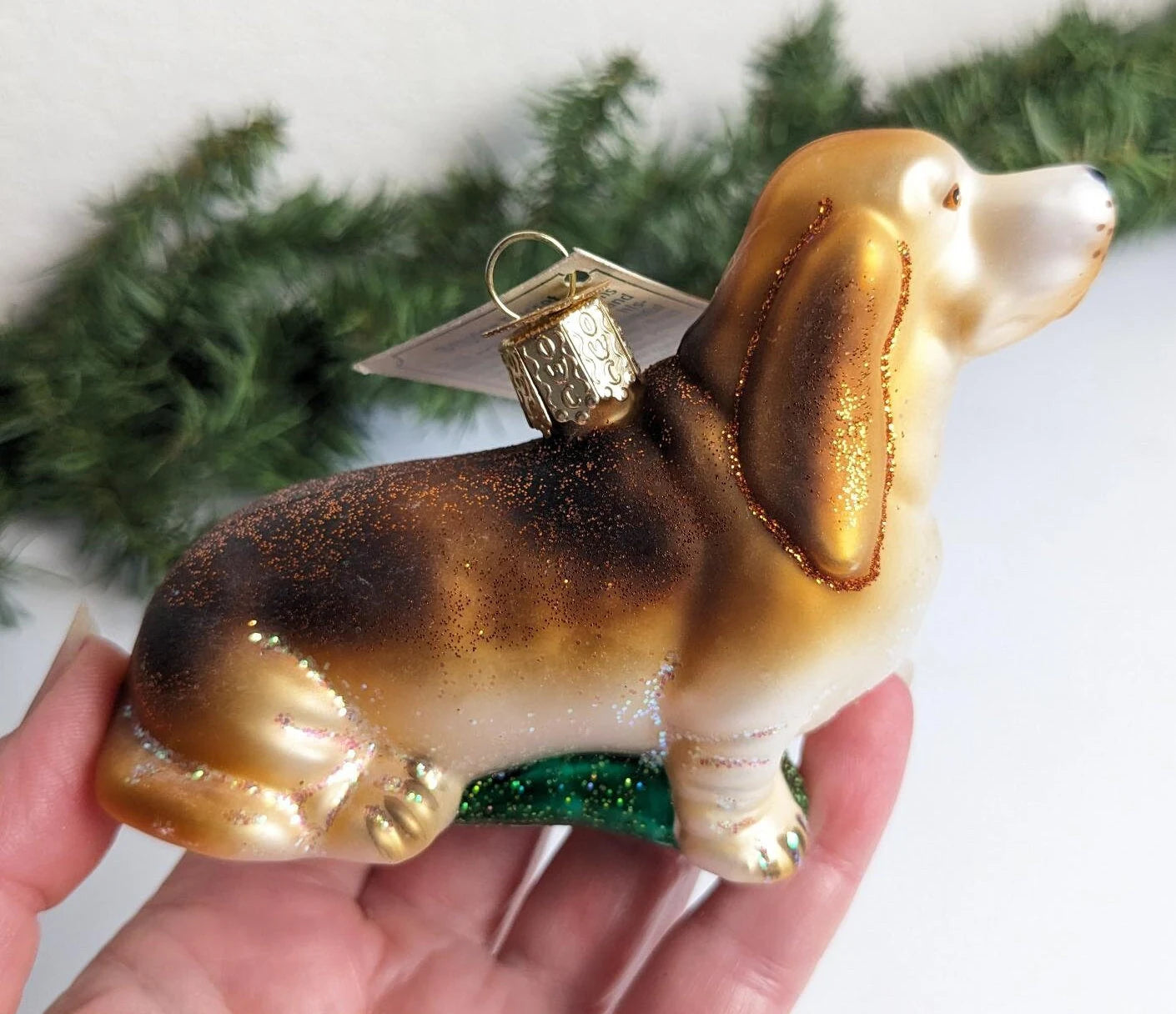 Begging Basset Retired Old World Christmas Ornament