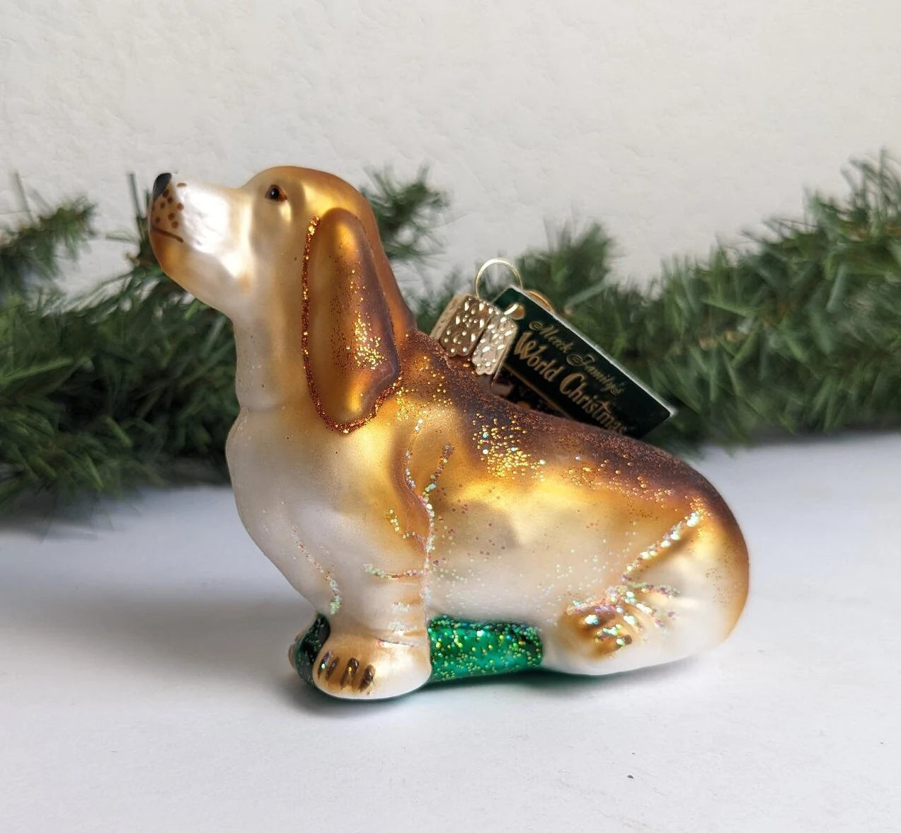 Begging Basset Retired Old World Christmas Ornament