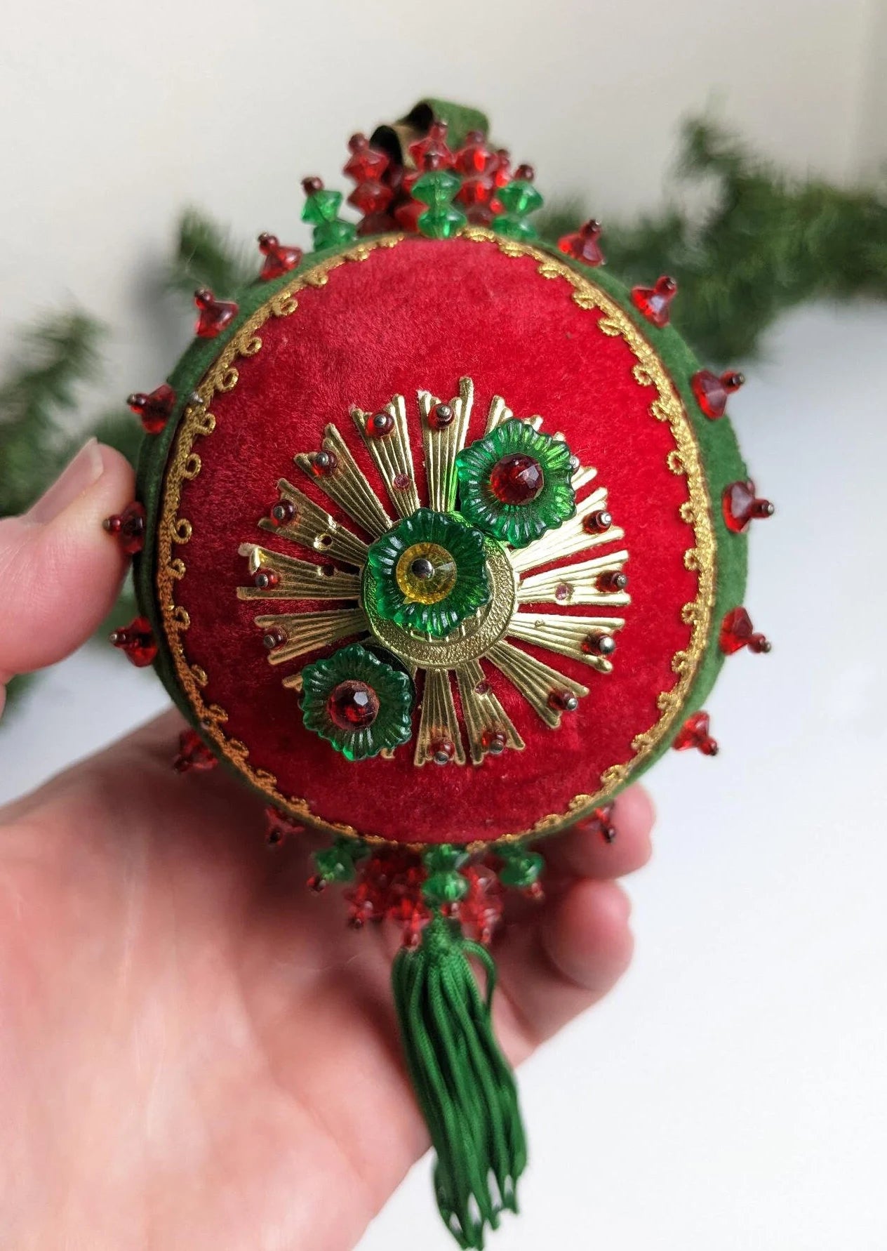 Vintage Red & Green Beaded Pushpin Ornament