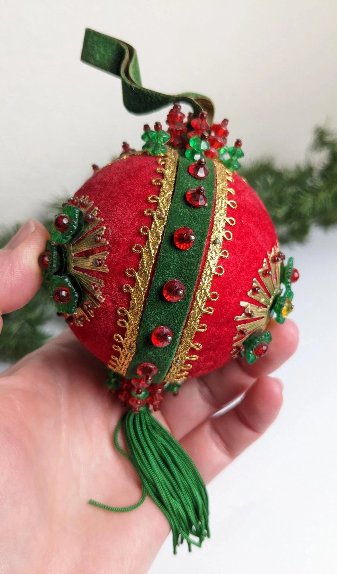 Vintage Red & Green Beaded Pushpin Ornament