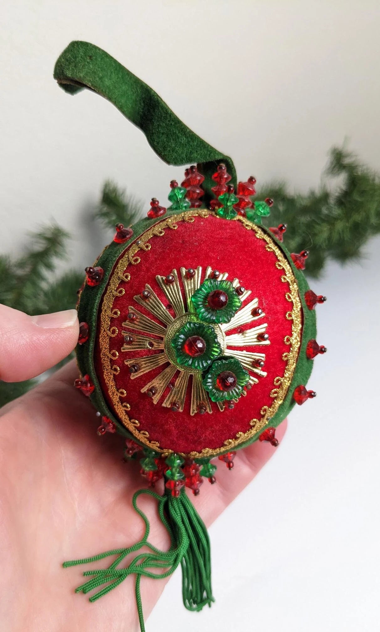 Vintage Red & Green Beaded Pushpin Ornament