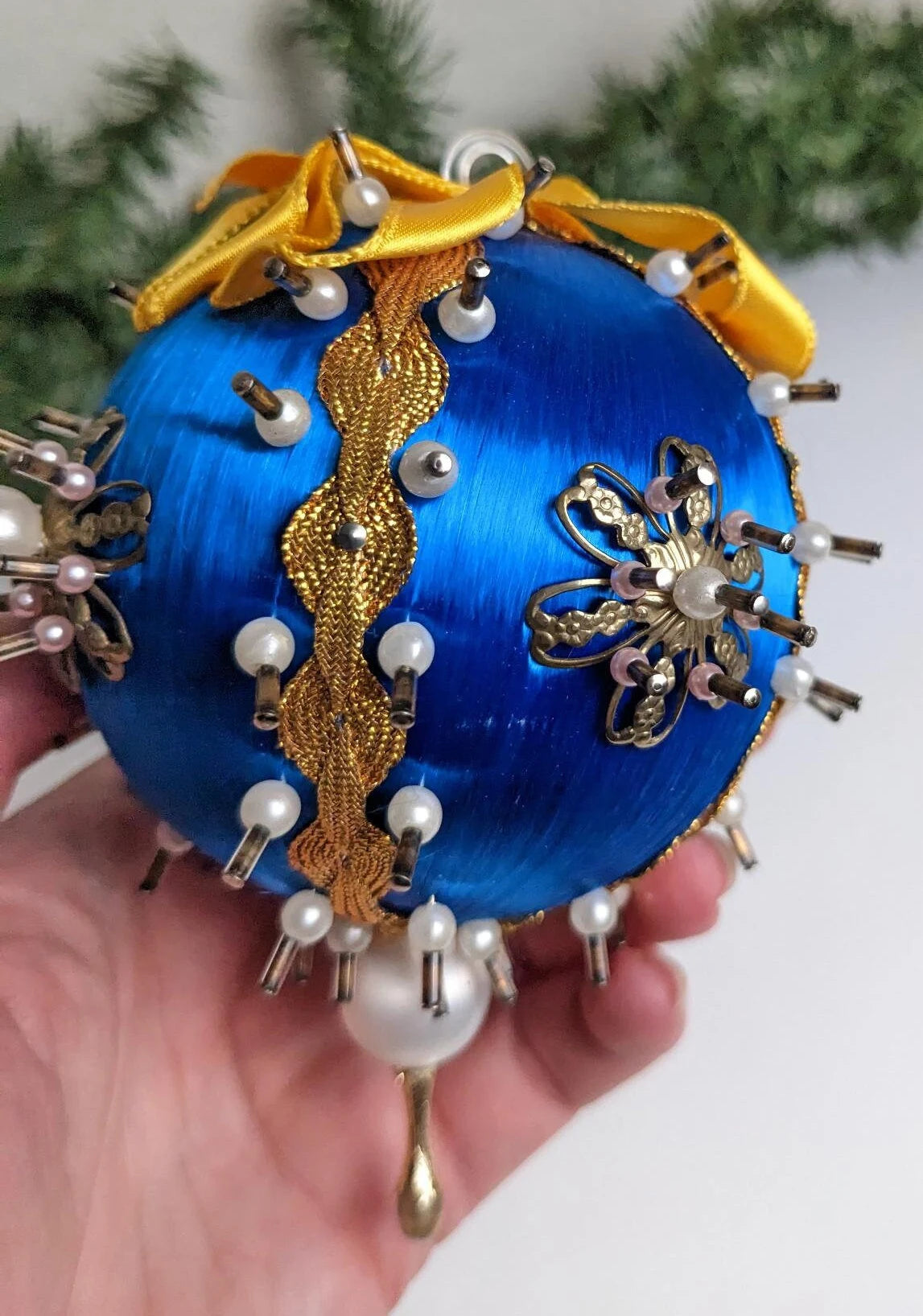 Vintage Handmade Blue Beaded Pushpin Ornament