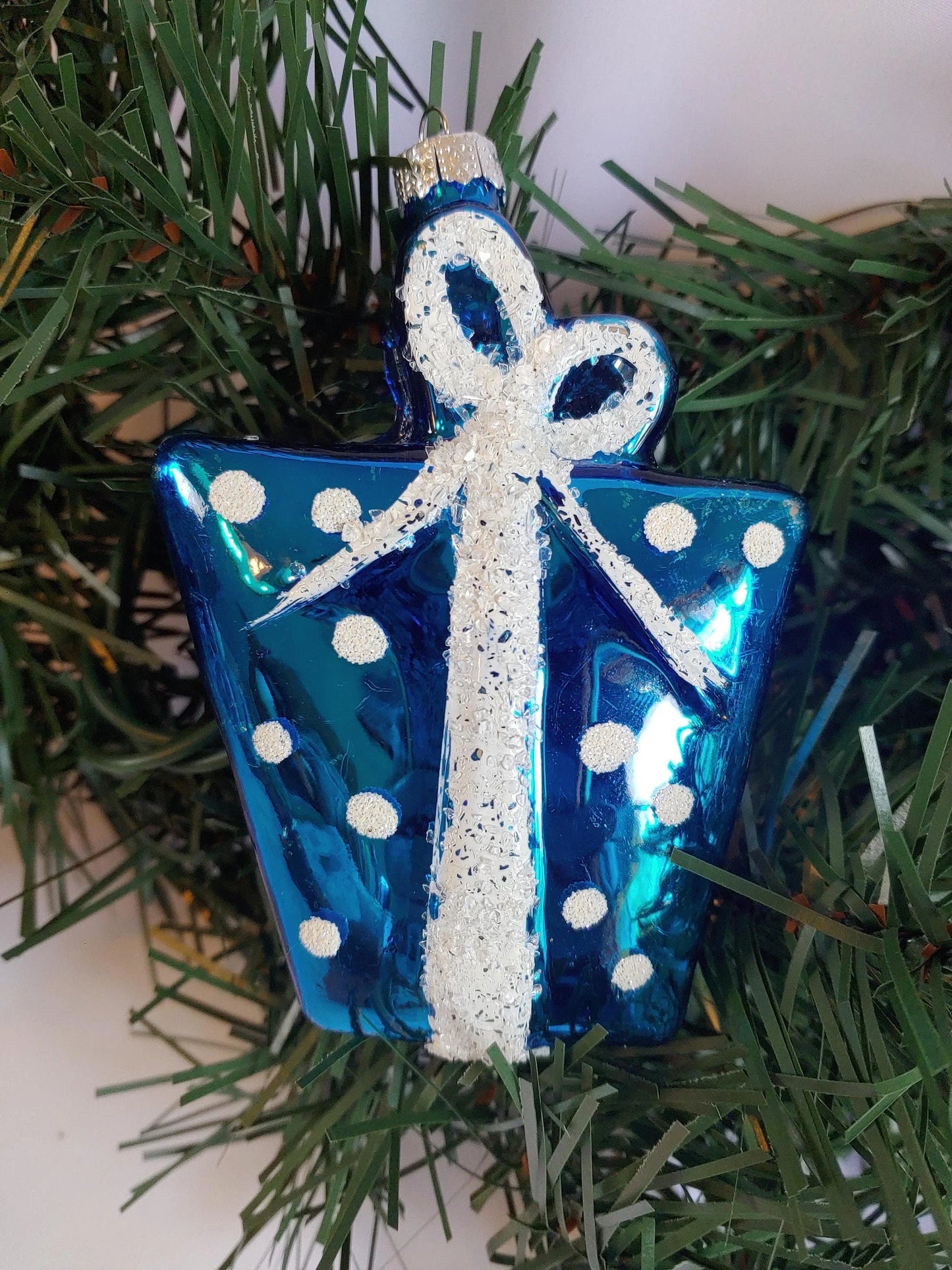 Blue Wrapped Christmas Gift Glass Christmas Ornament