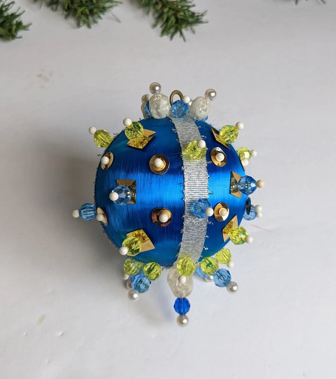 Vintage Blue Beaded Handmade Pushpin Christmas Ornament