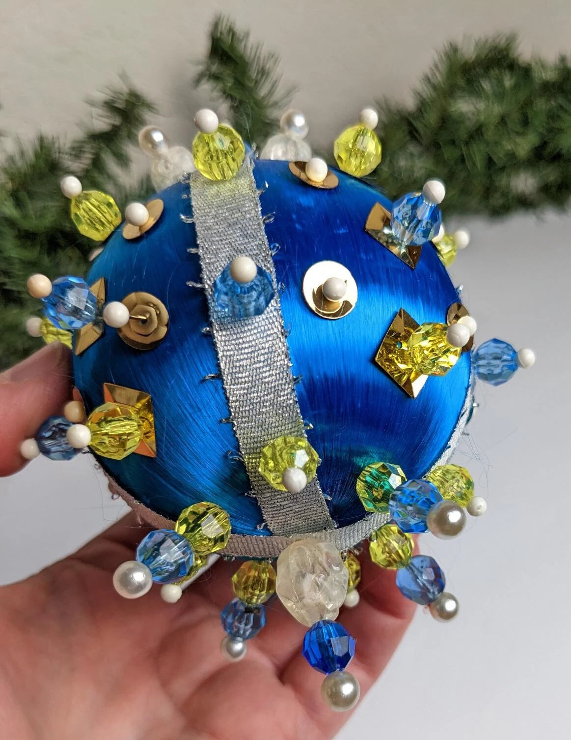 Vintage Blue Beaded Handmade Pushpin Christmas Ornament