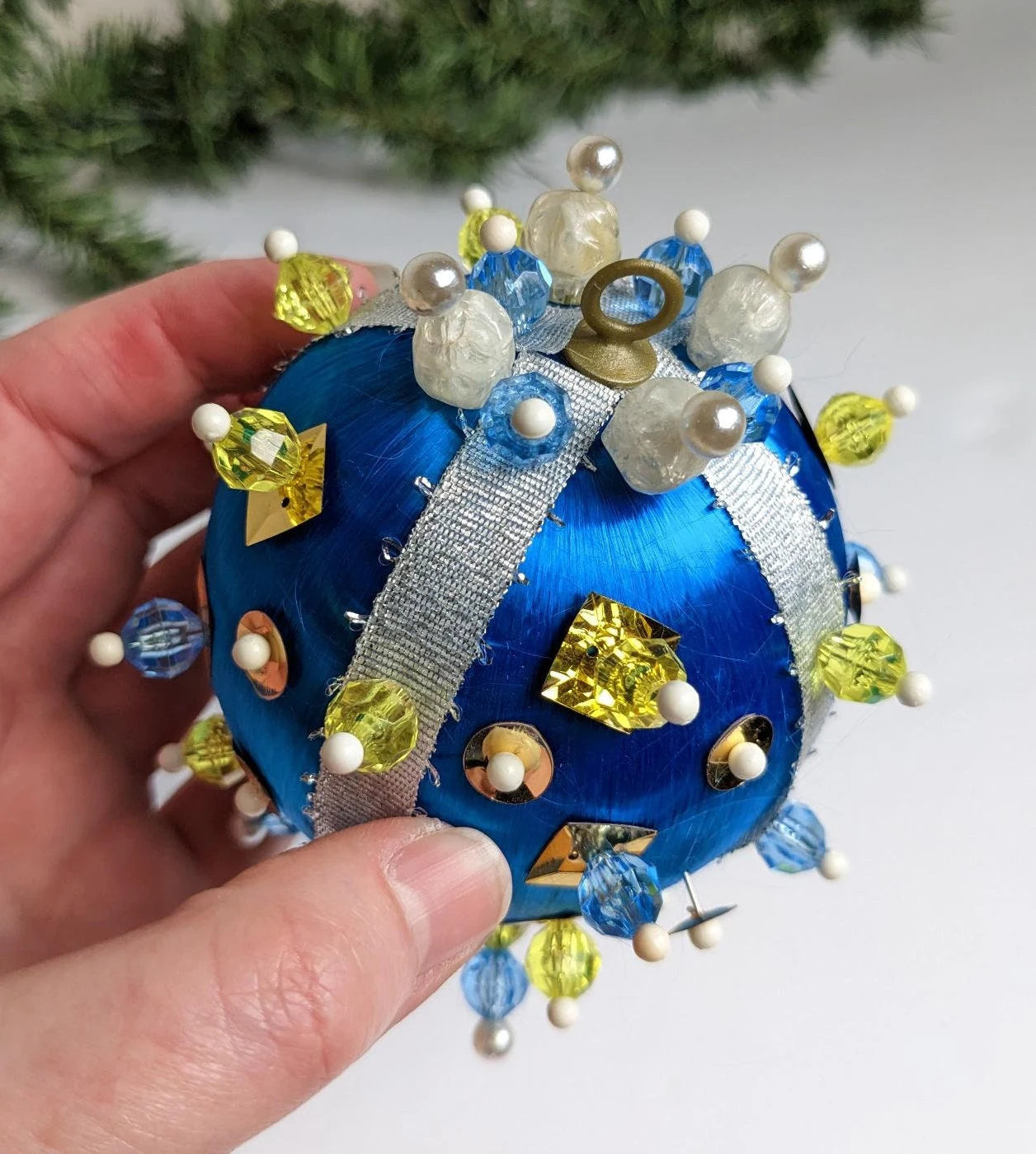 Vintage Blue Beaded Handmade Pushpin Christmas Ornament