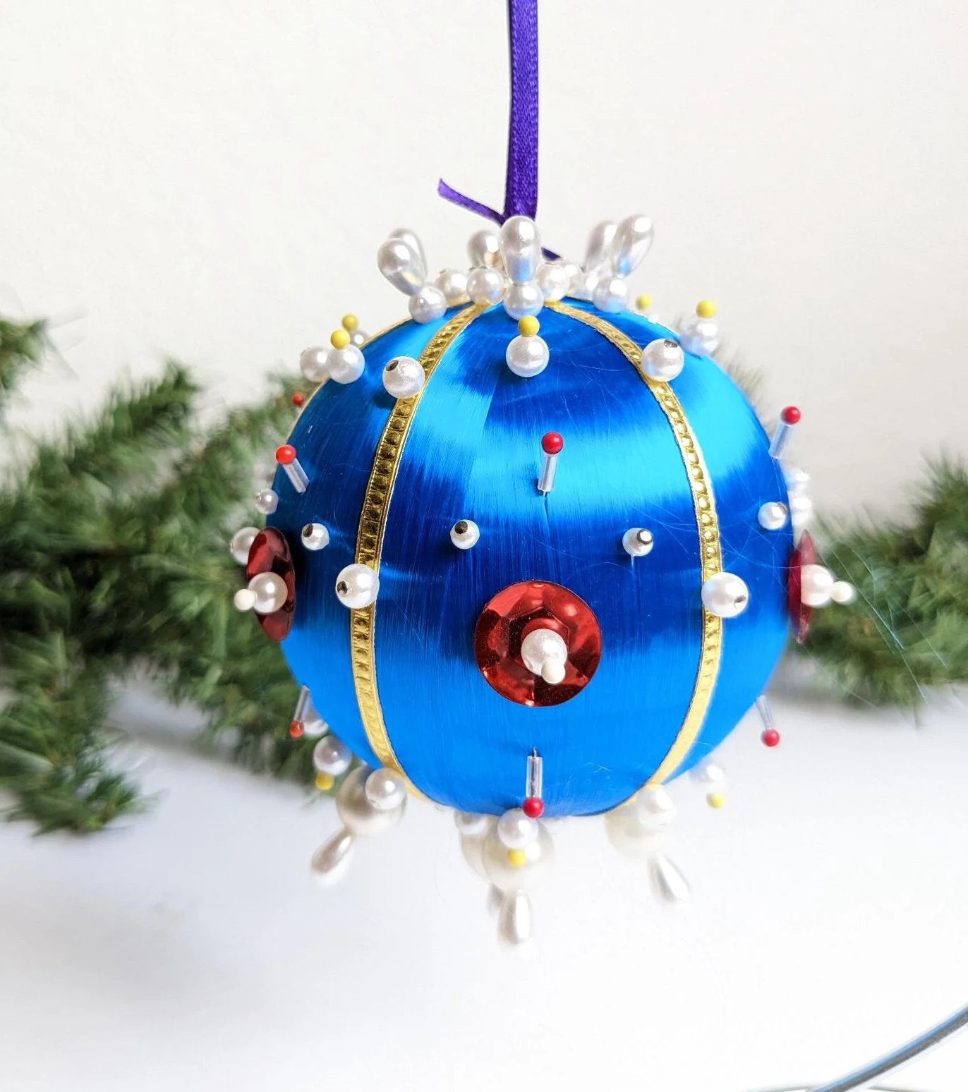 Vintage Blue Beaded Pushpin Christmas Ornament