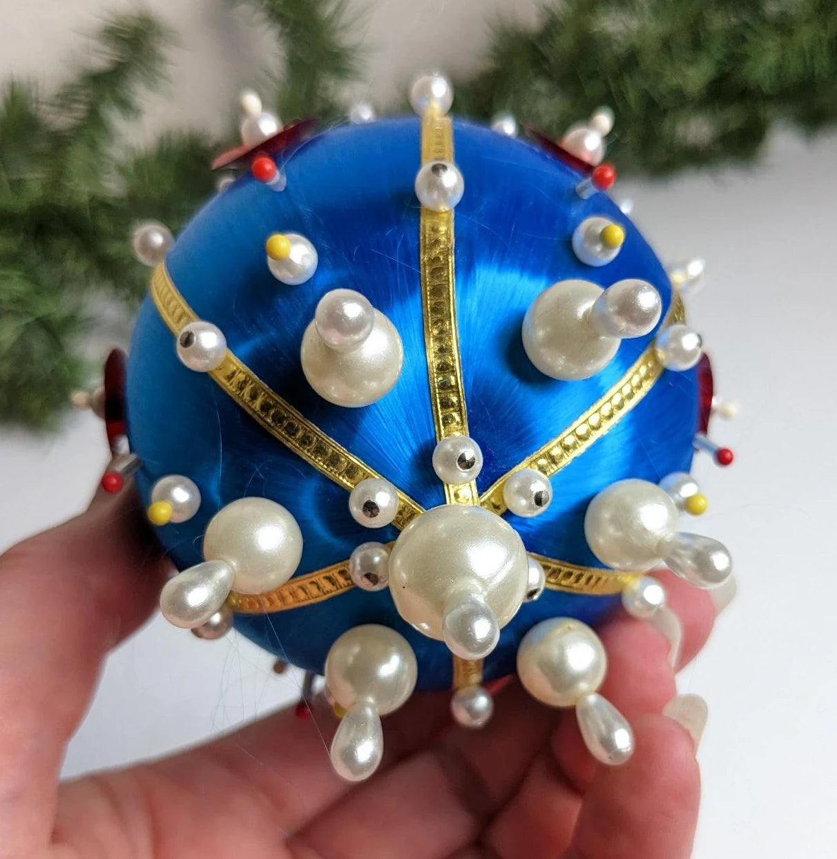 Vintage Blue Beaded Pushpin Christmas Ornament