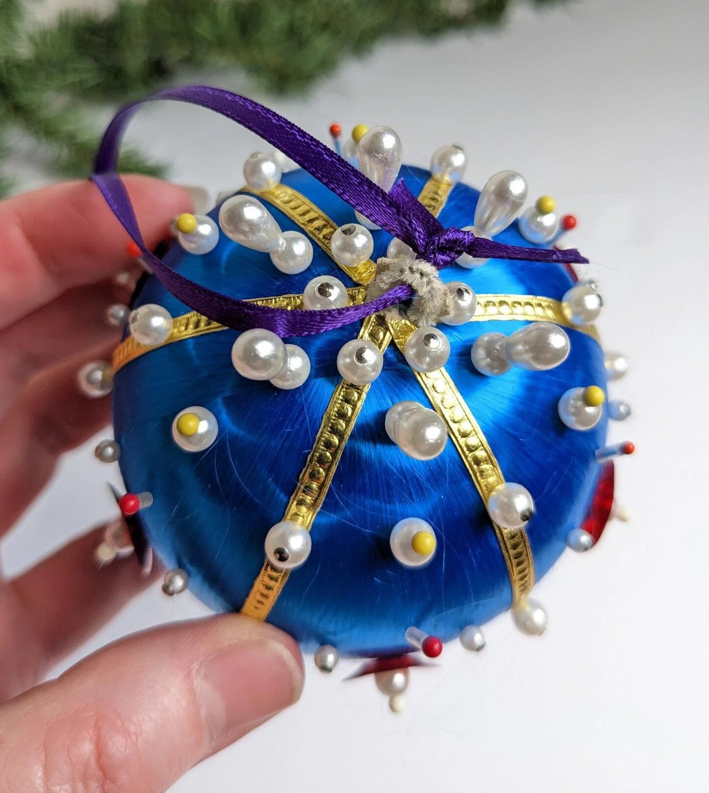 Vintage Blue Beaded Pushpin Christmas Ornament