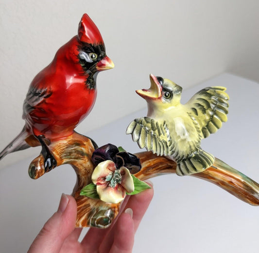 Vintage Lefton Cardinal with Chick Bird Figurine