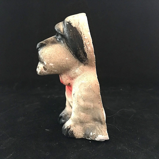 Vintage Chalkware Black & White Dog with Red Bow Tie