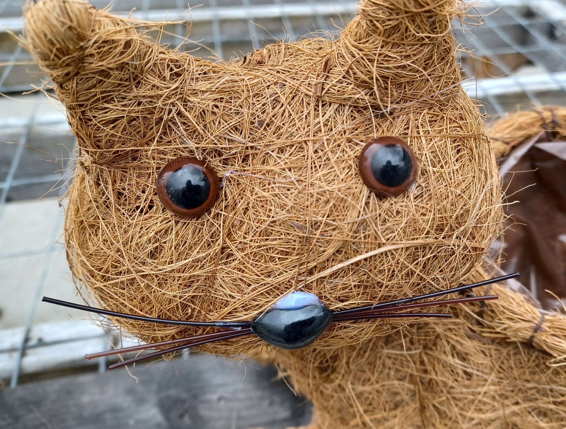 close up of a cat face made of coco fiber woven on a steel frame in the shape of a cat with plastic eyes and nose and whiskers.