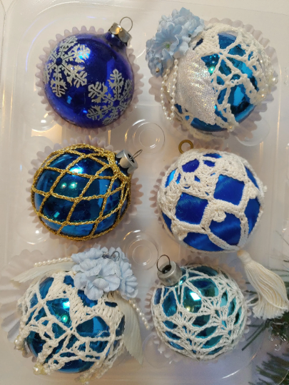 Vintage Blue Crocheted Christmas Ornaments