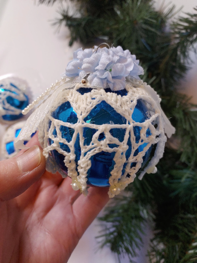 Vintage Blue Crocheted Christmas Ornaments