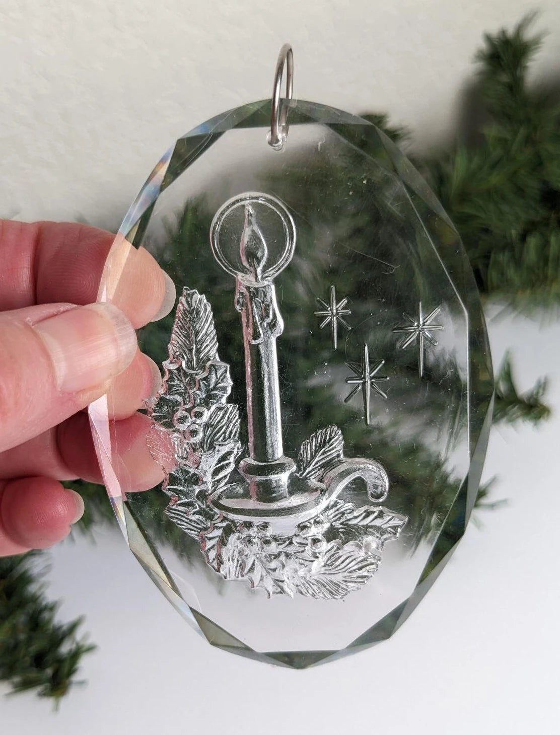 Vintage 1989 Etched Acrylic Crystal Christmas Candle Ornament