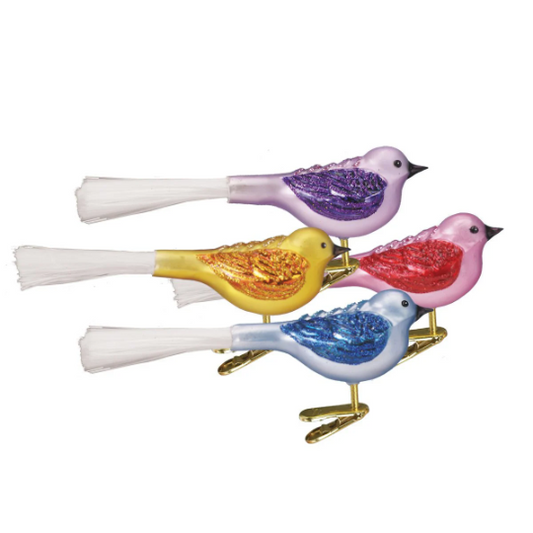 Fat Glitter Birds - Set of 4 - Blown Glass Clip-On Tree Ornament by Old World Christmas