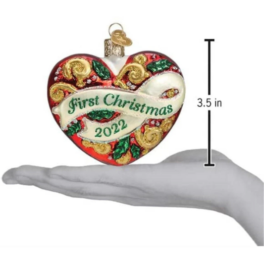 First Christmas 2022 - Heart-Shaped Blown Glass Tree Ornament by Old World Christmas - RETIRED