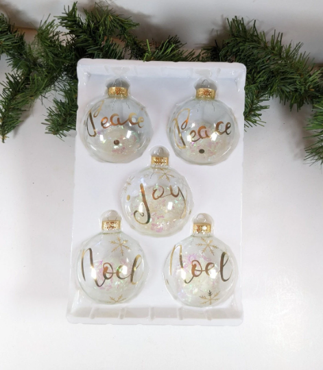 Peace Joy Noel Snow Filled Christmas Ornaments