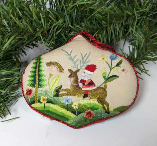 Vintage Hallmark 1984 Santa and Reindeer Embroidered Christmas Ornament