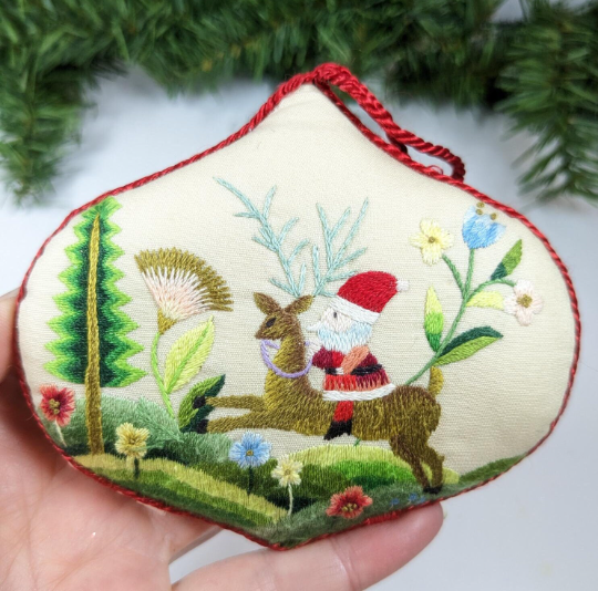 Vintage Hallmark 1984 Santa and Reindeer Embroidered Christmas Ornament