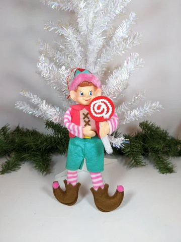 Pink Elf with Candy Christmas Ornament