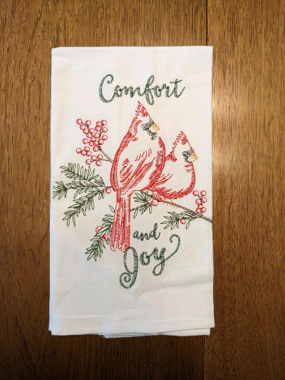 Comfort and Joy Embroidered Cardinal Christmas Kitchen Towel