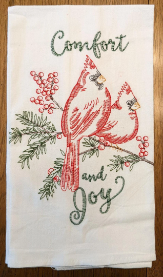 Comfort and Joy Embroidered Cardinal Christmas Kitchen Towel