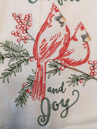 Comfort and Joy Embroidered Cardinal Christmas Kitchen Towel