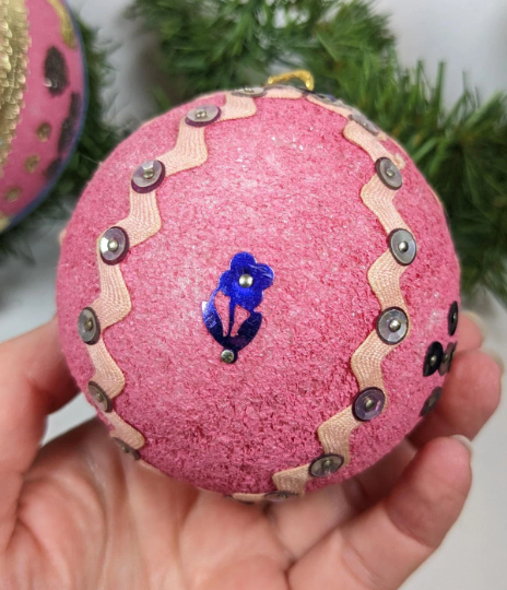 Vintage Pink Beaded Pushpin Christmas Ornaments