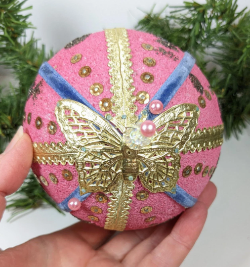 Vintage Pink Beaded Pushpin Christmas Ornaments