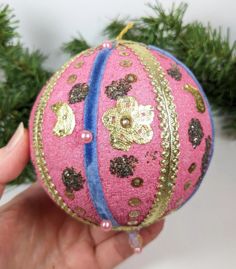 Vintage Pink Beaded Pushpin Christmas Ornaments