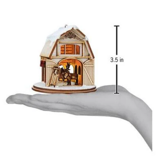 Santas Reindeer Barn Old World Christmas Wood Ornament