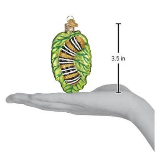 Fuzzy Caterpillar on Leaf - Blown Glass Tree Ornament by Old World Christmas