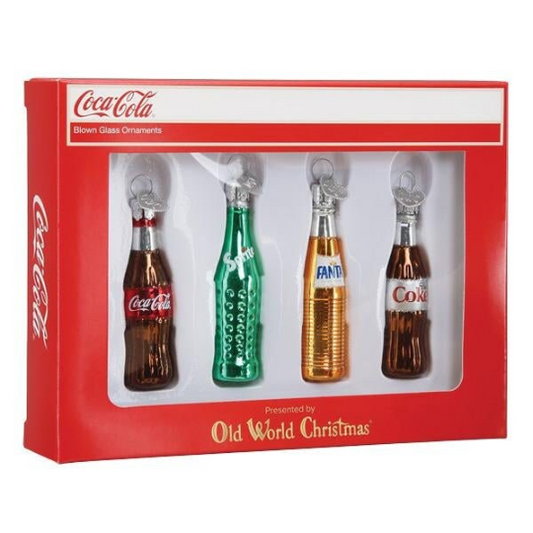 Coca Cola Diet Coke Fanta Sprite Soda Pop Bottles - Mini Glass Ornament Set Old World Christmas