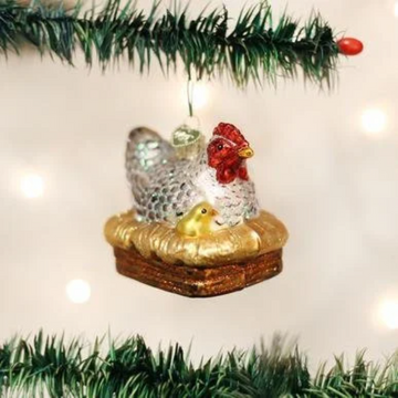 Broody Hen on Nest Blown Glass Chicken Tree Ornament by Old World Christmas